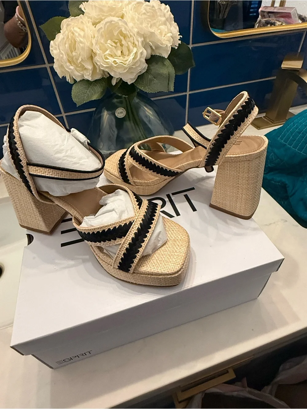 Esprit Beige and Black Woven Platform Wedge Sandals
